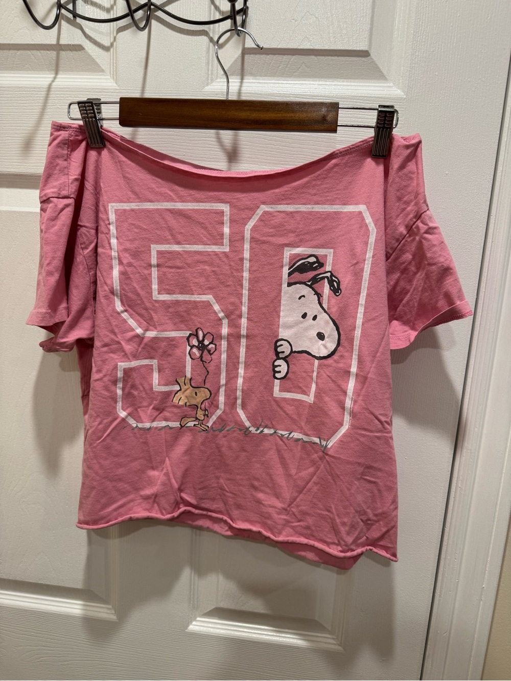Hollister Off the Shoulder Pink Snoopy & Woodstock Graphic Tee
